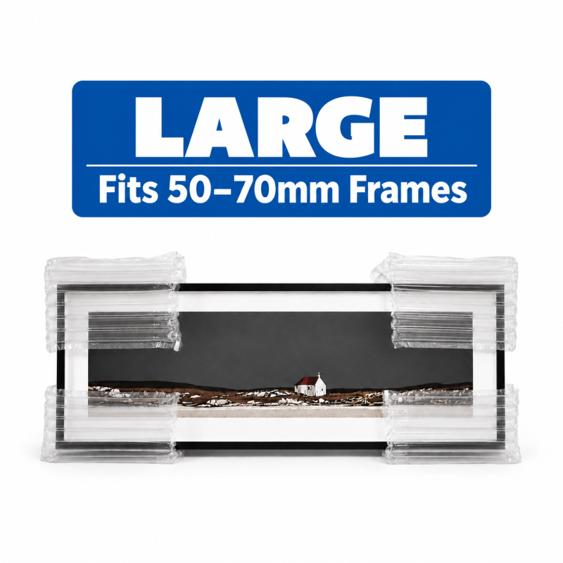 Large inflatable corner protectors fitted to framed artwork, suitable for 50–70mm frame depths