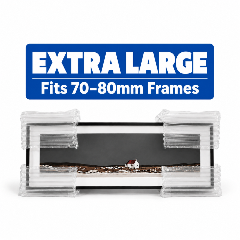 Extra large inflatable corner protectors fitted to framed artwork, suitable for 70–80mm frame depths